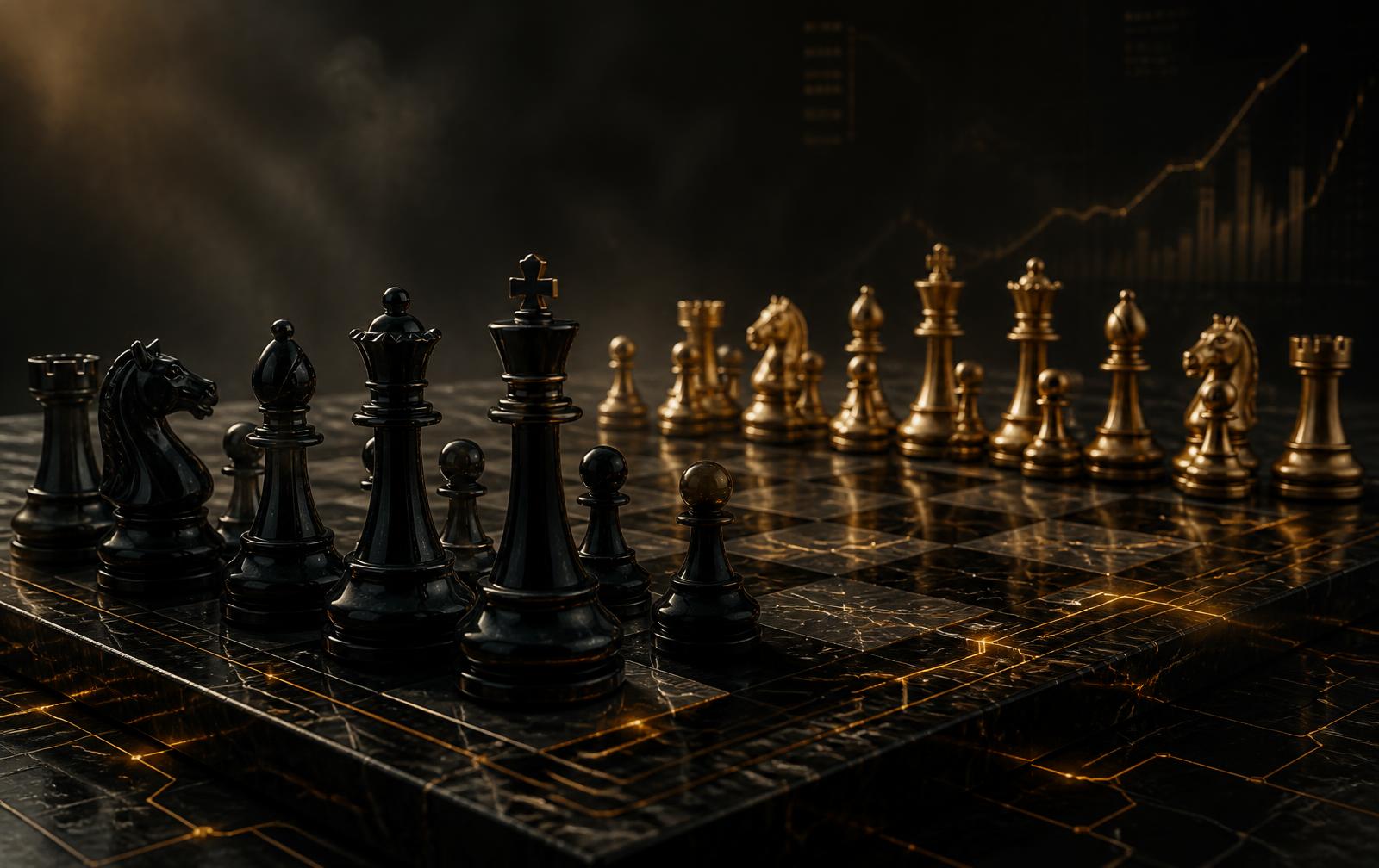 Obsidian and brass chess pieces facing off on a marble board